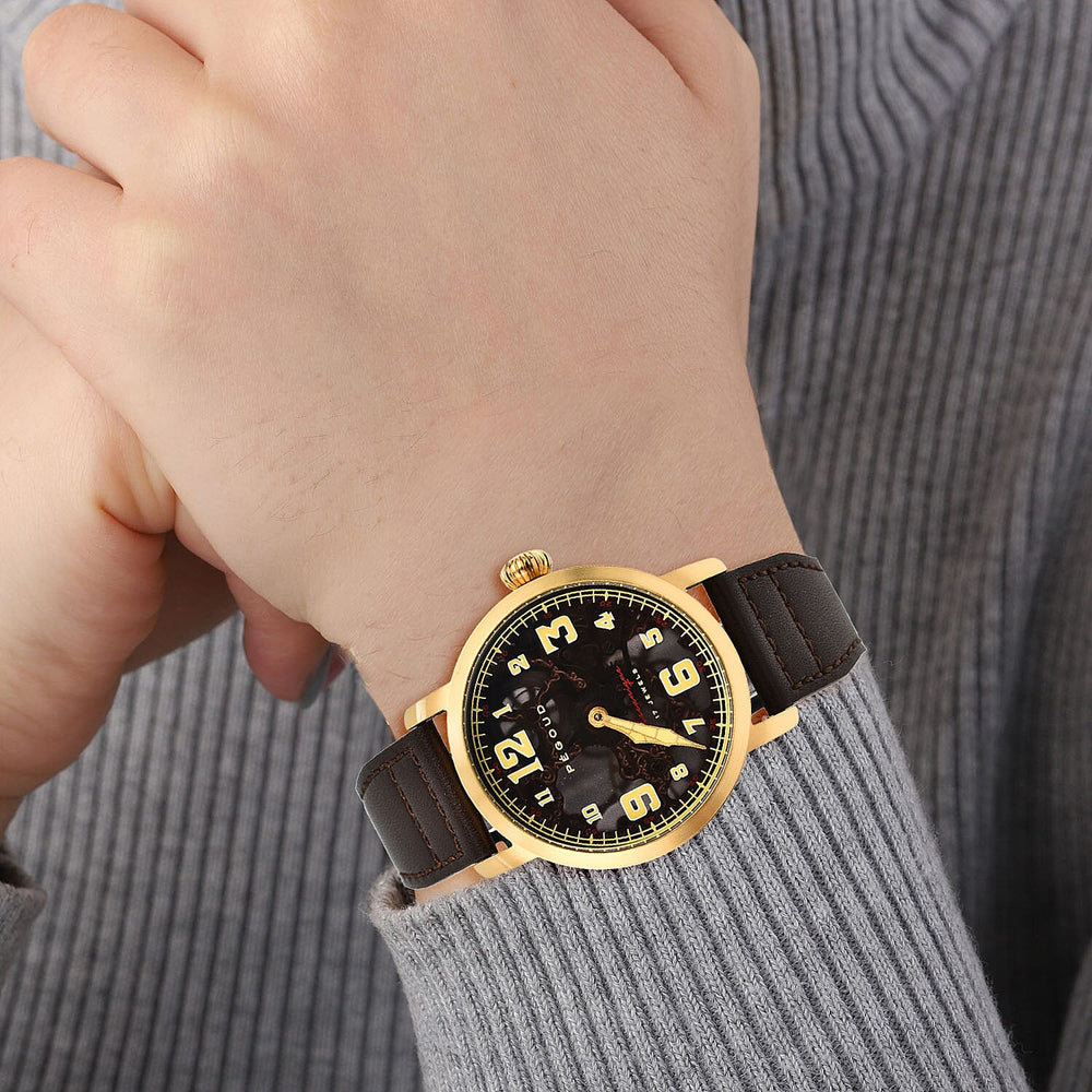 PEGOUD Premiere Mechanical Skeleton Movement 5 ATM Water Resistant Watch with Brown Genuine Leather Strap