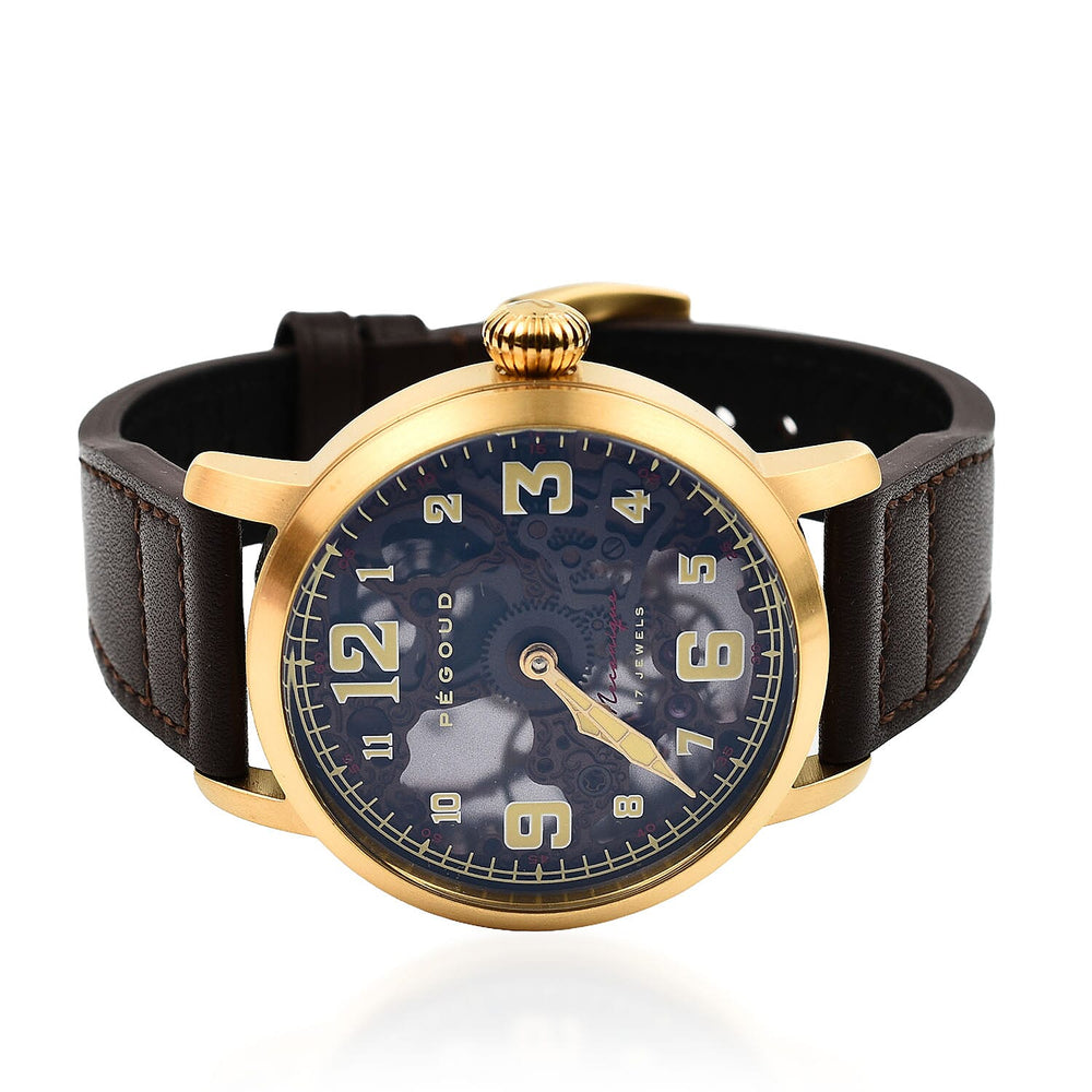 PEGOUD Premiere Mechanical Skeleton Movement 5 ATM Water Resistant Watch with Brown Genuine Leather Strap