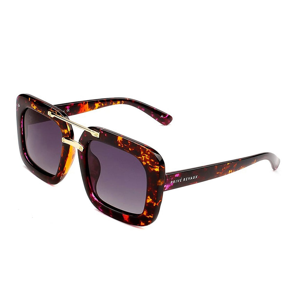 PRIVE REVAUX The Karl - Polarized Purple Tortoise Square Sunglasses with Gold Double Bridge