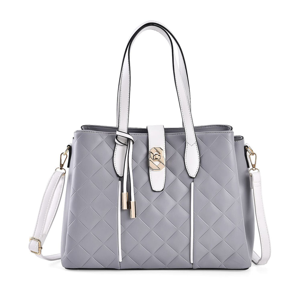 Leatherette Embossed Checker Pattern Crossbody Bag with Handle Drop - Adjustable Shoulder Strap - Grey