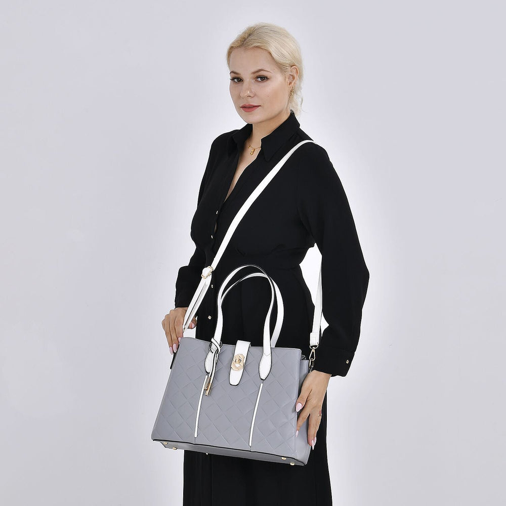 Leatherette Embossed Checker Pattern Crossbody Bag with Handle Drop - Adjustable Shoulder Strap - Grey