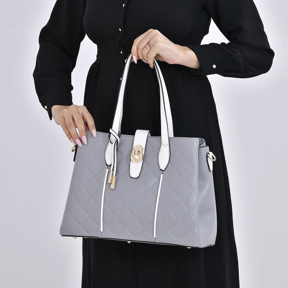 Leatherette Embossed Checker Pattern Crossbody Bag with Handle Drop - Adjustable Shoulder Strap - Grey