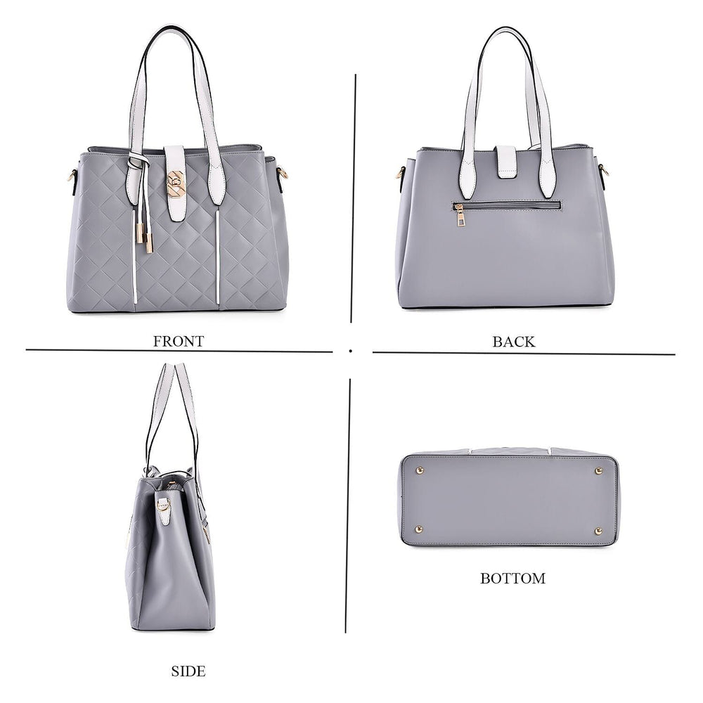 Leatherette Embossed Checker Pattern Crossbody Bag with Handle Drop - Adjustable Shoulder Strap - Grey