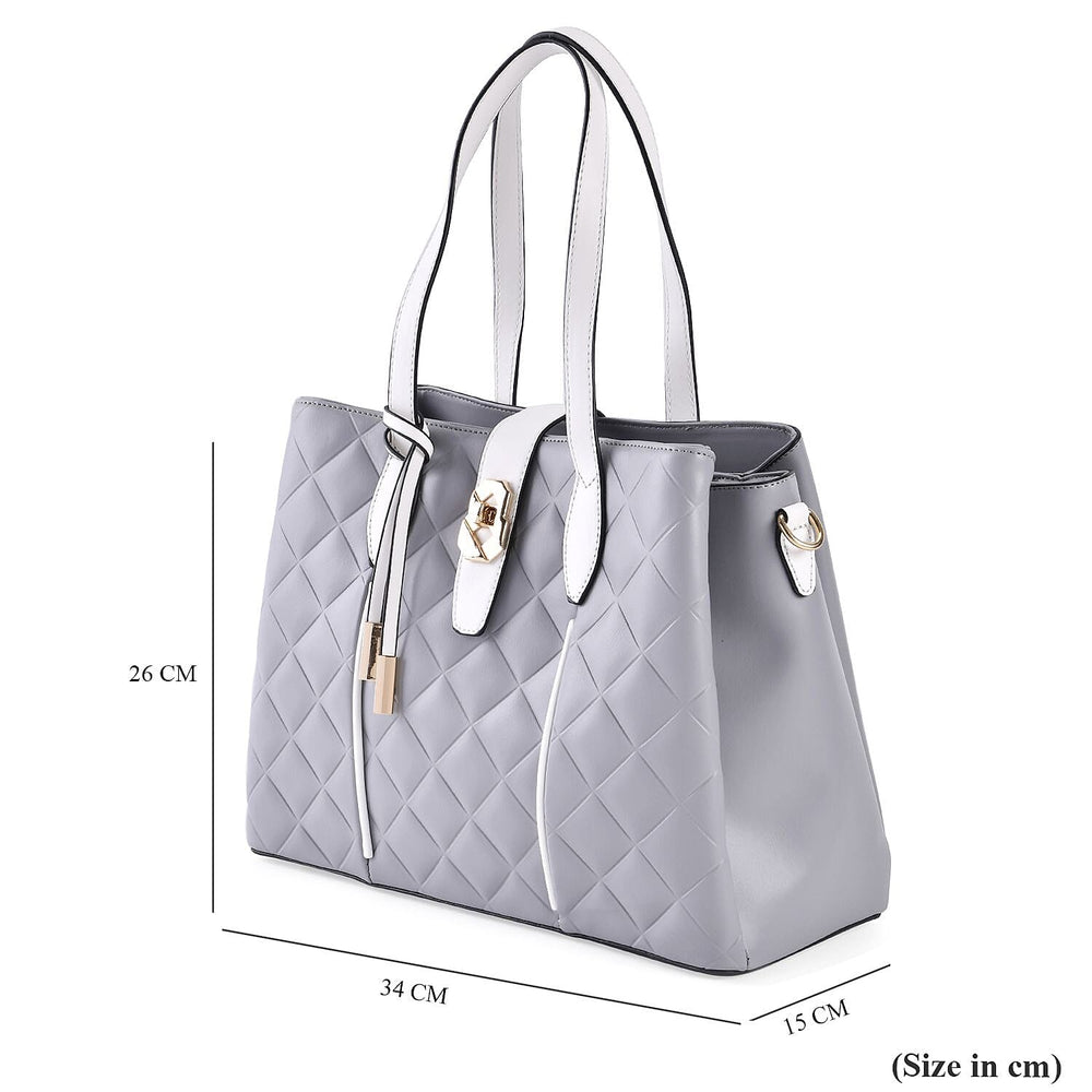 Leatherette Embossed Checker Pattern Crossbody Bag with Handle Drop - Adjustable Shoulder Strap - Grey