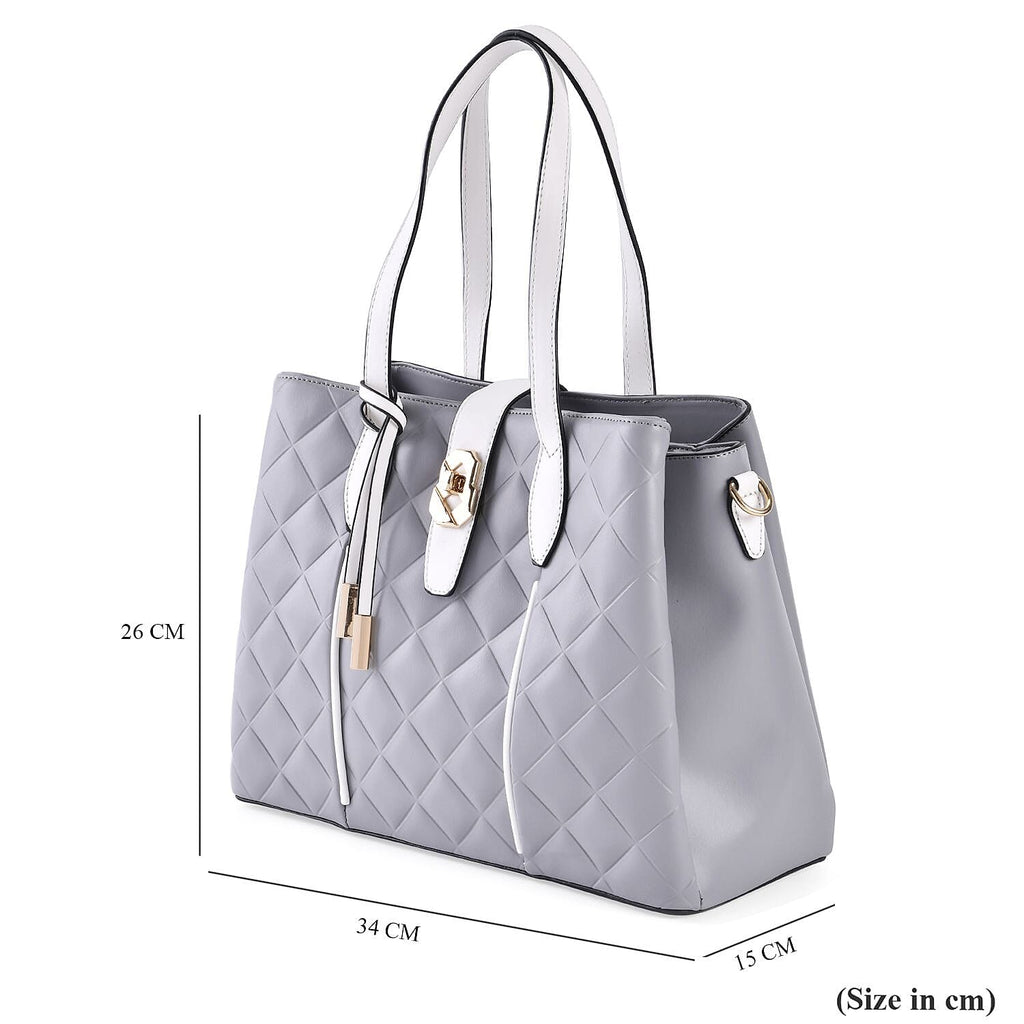 Leatherette Embossed Checker Pattern Crossbody Bag with Handle Drop - Adjustable Shoulder Strap - Grey