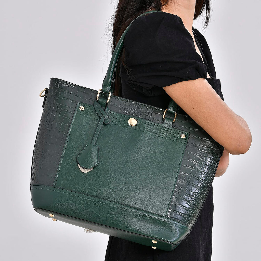 Leatherette Croc Emobossed Crossbody Bag with Handle Drop - Olive
