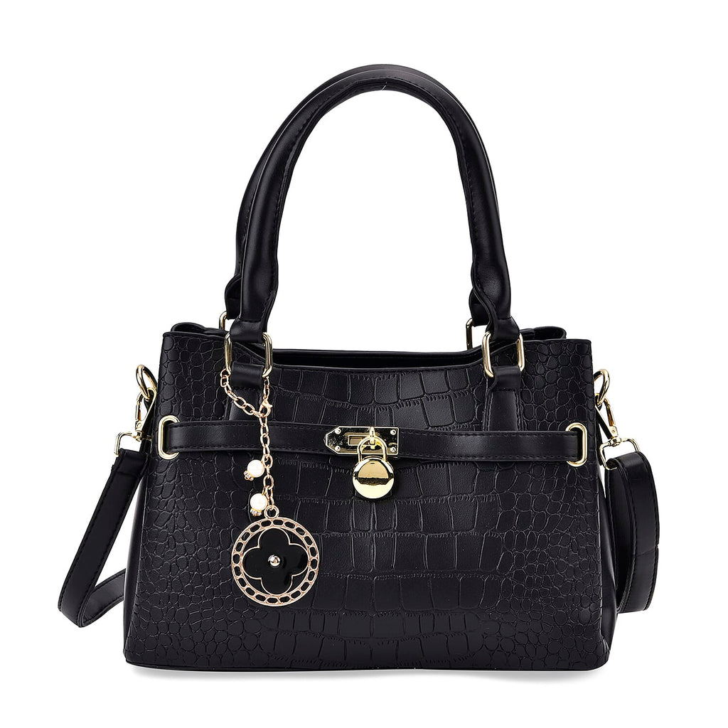 Closeout Deal - Crocodile Embossed Crossbody Bag with Shoulder Strap - Black