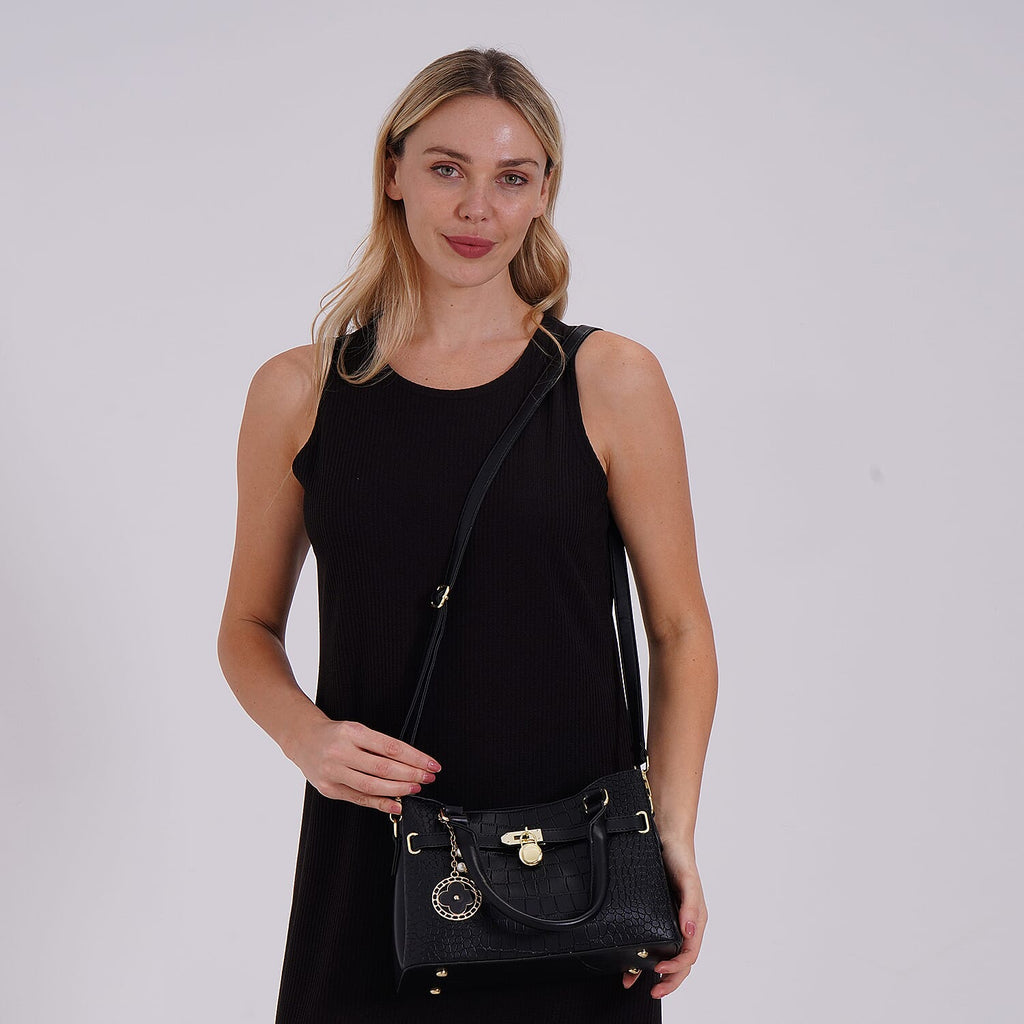 Closeout Deal - Crocodile Embossed Crossbody Bag with Shoulder Strap - Black