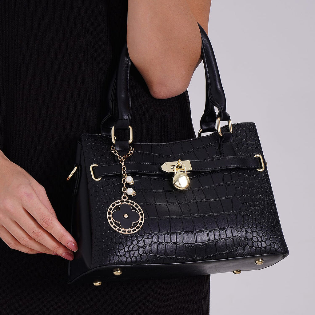Closeout Deal - Crocodile Embossed Crossbody Bag with Shoulder Strap - Black