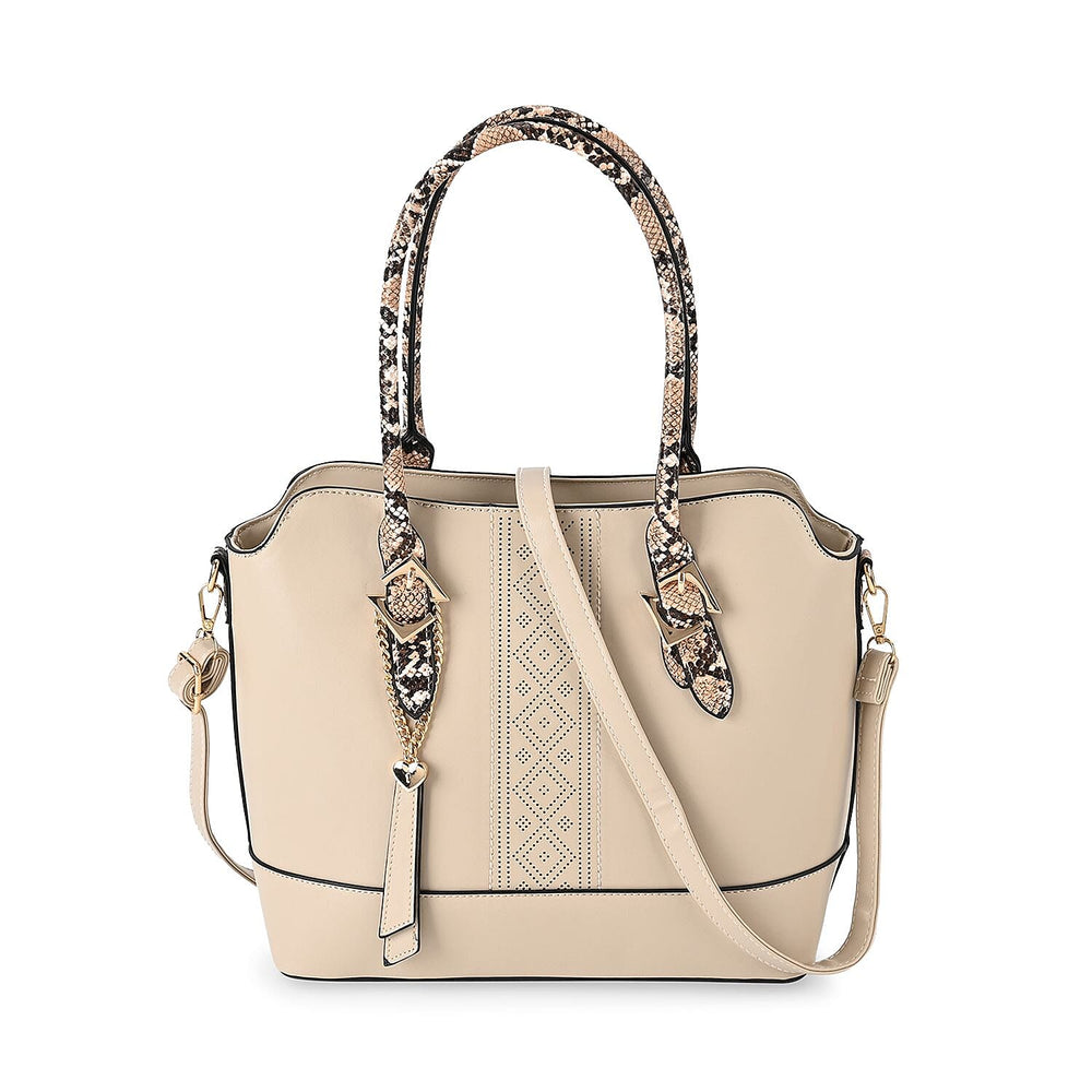 Stylish Leatherette Crossbody Bag With Snakeskin Patterned Handle - Beige