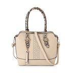 Stylish Leatherette Crossbody Bag With Snakeskin Patterned Handle - Beige