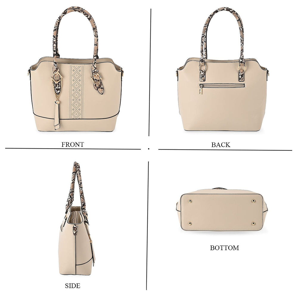 Stylish Leatherette Crossbody Bag With Snakeskin Patterned Handle - Beige