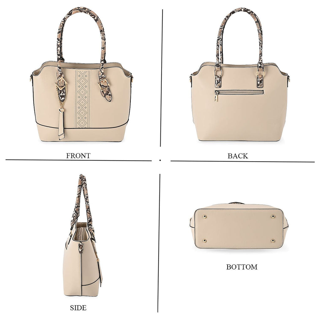 Stylish Leatherette Crossbody Bag With Snakeskin Patterned Handle - Beige