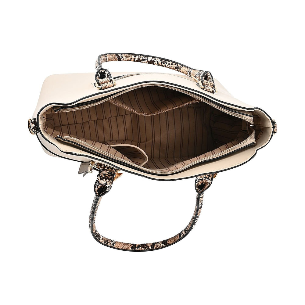 Stylish Leatherette Crossbody Bag With Snakeskin Patterned Handle - Beige