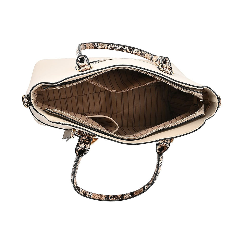 Stylish Leatherette Crossbody Bag With Snakeskin Patterned Handle - Beige