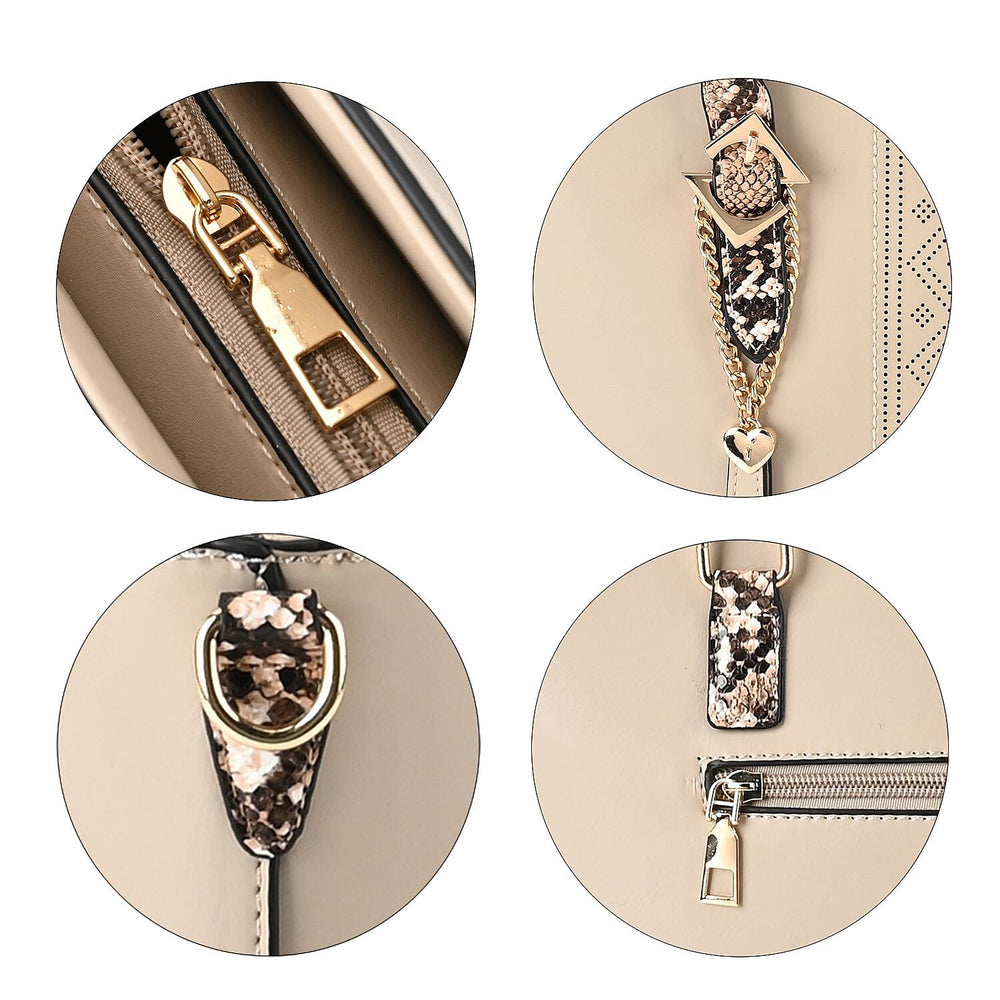 Stylish Leatherette Crossbody Bag With Snakeskin Patterned Handle - Beige