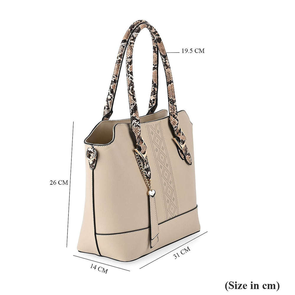 Stylish Leatherette Crossbody Bag With Snakeskin Patterned Handle - Beige