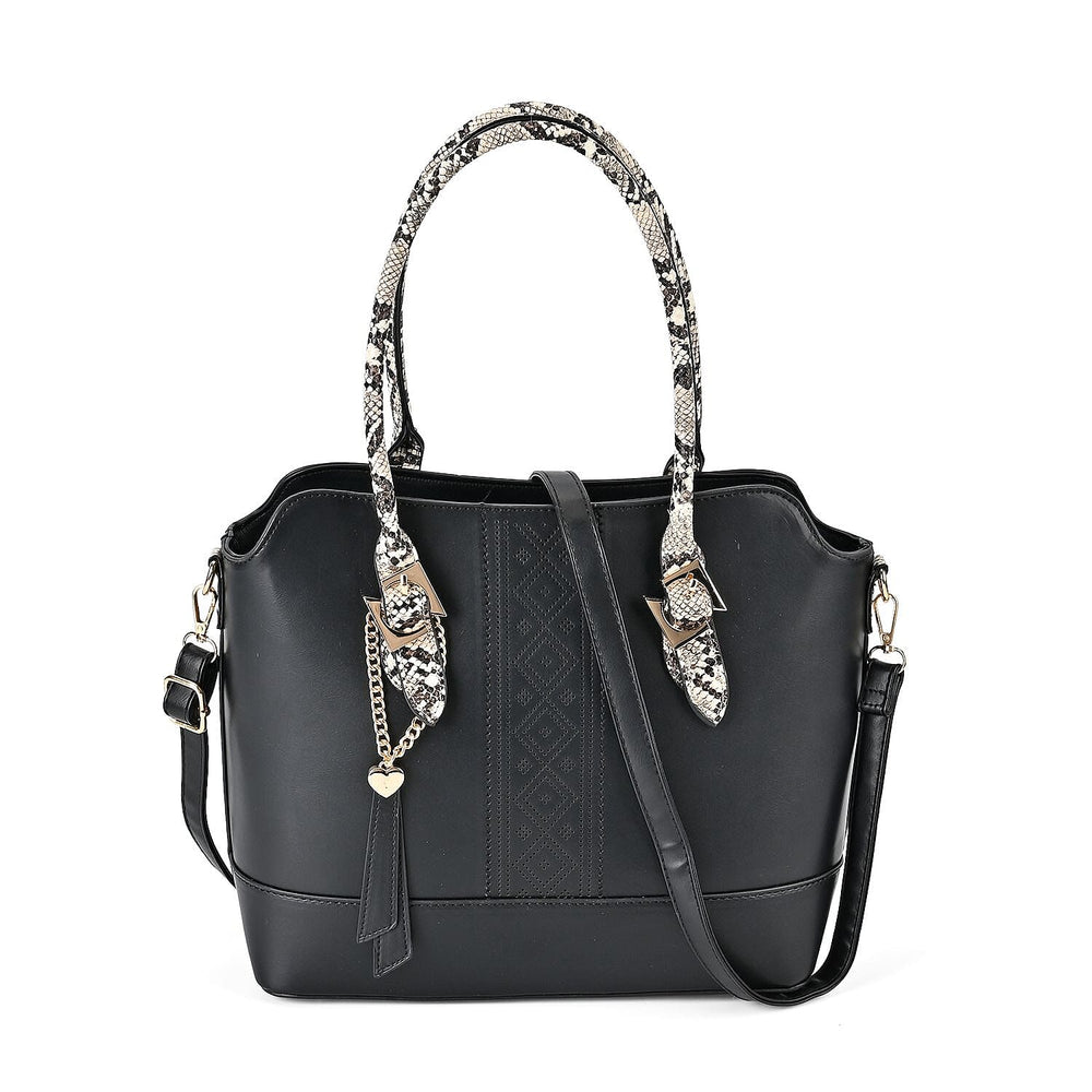 Stylish Leatherette Crossbody Bag With Snakeskin Patterned Handle - Black