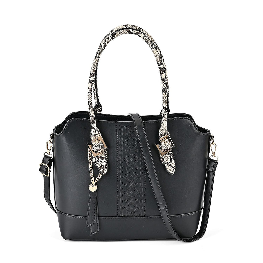 Stylish Leatherette Crossbody Bag With Snakeskin Patterned Handle - Black