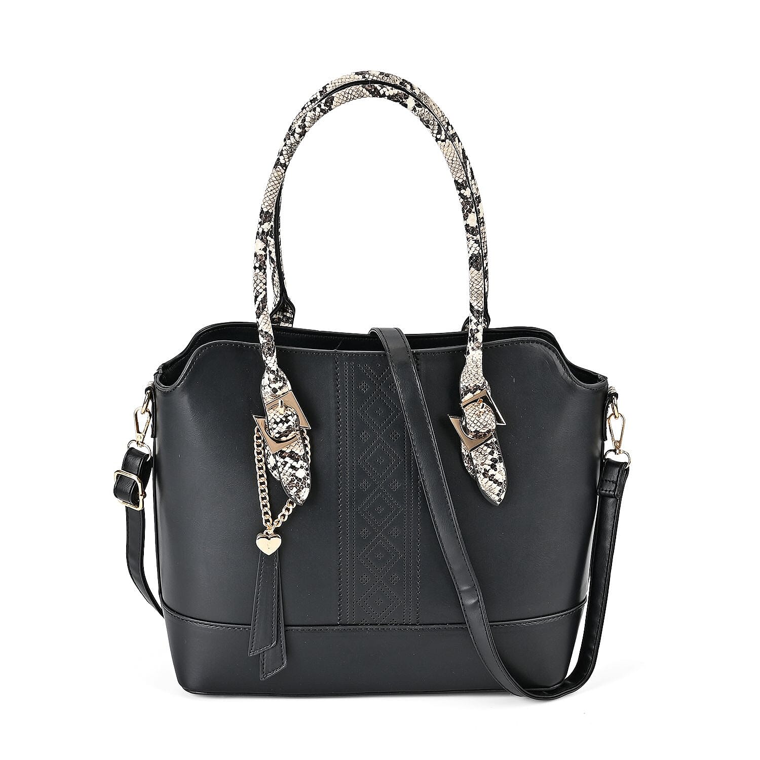 Stylish Leatherette Crossbody Bag With Snakeskin Patterned Handle - Black