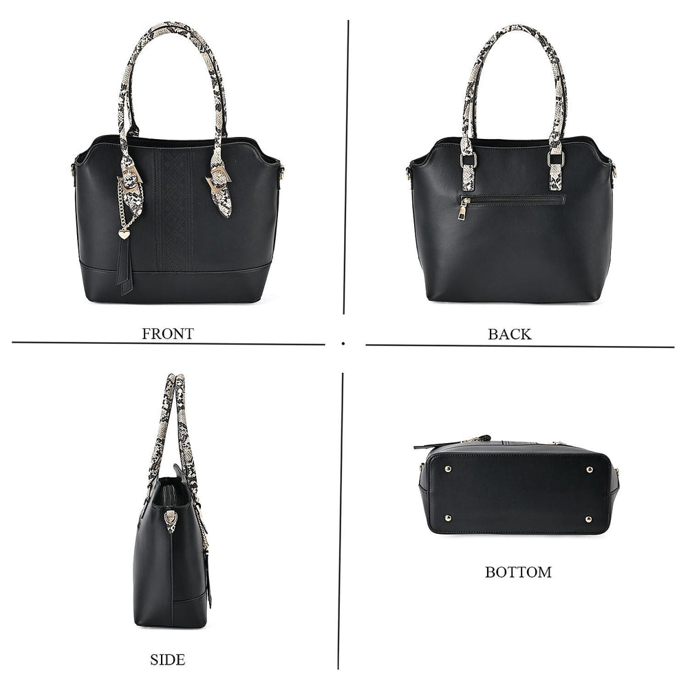 Stylish Leatherette Crossbody Bag With Snakeskin Patterned Handle - Black