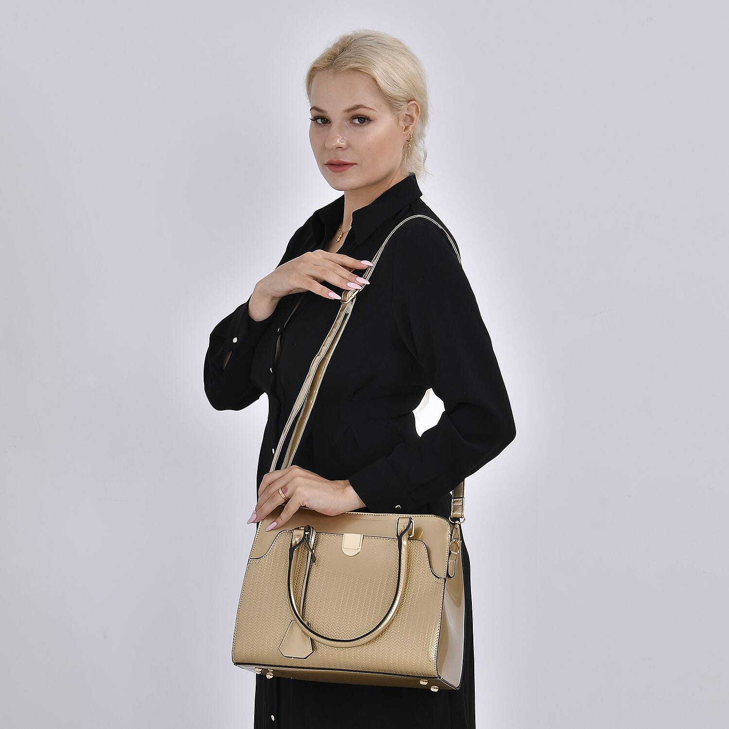Leatherette Crossbody Bag with Dual Handle Drop - Adjustable Shoulder Strap - Gold