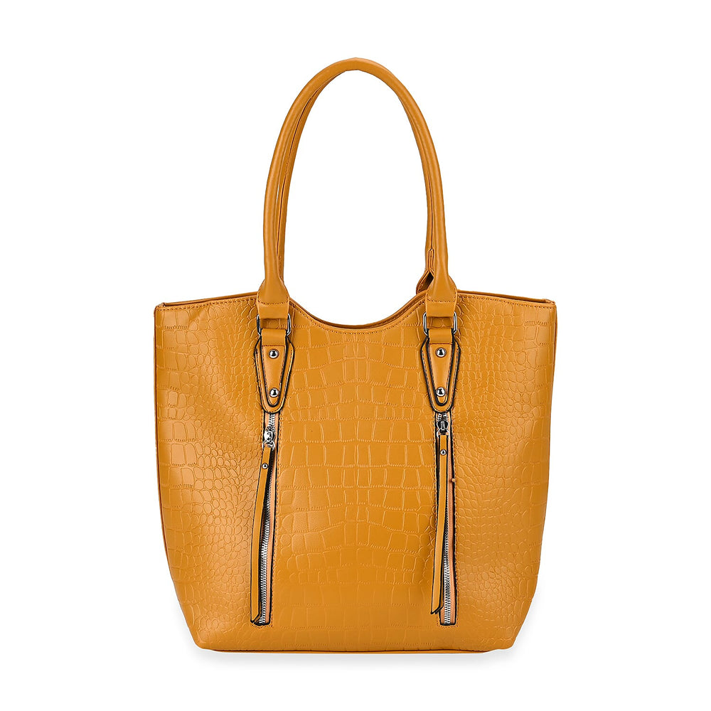 Leatherette Embossed Crocodile Pattern Tote Bag with Handle Drop - Yellow