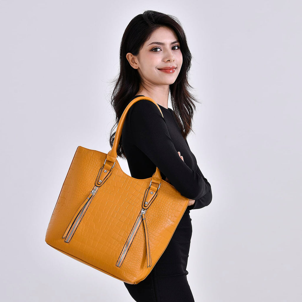 Leatherette Embossed Crocodile Pattern Tote Bag with Handle Drop - Yellow