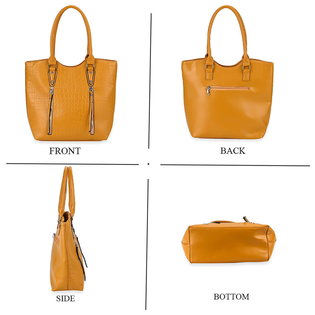 Leatherette Embossed Crocodile Pattern Tote Bag with Handle Drop - Yellow