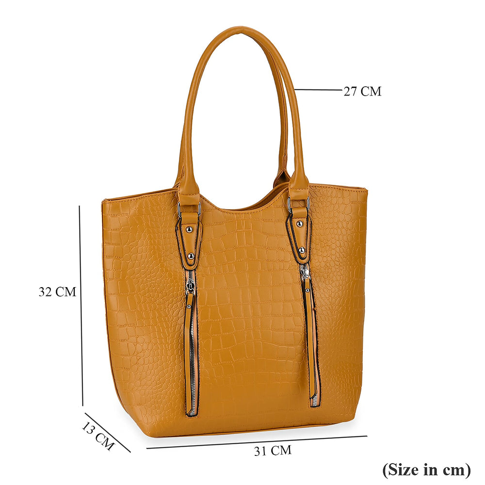 Leatherette Embossed Crocodile Pattern Tote Bag with Handle Drop - Yellow