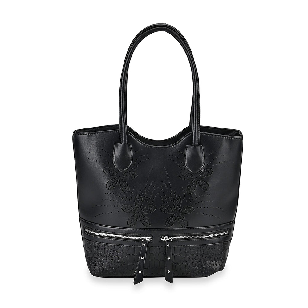 Leatherette Flower Pattern Tote Bag - Black