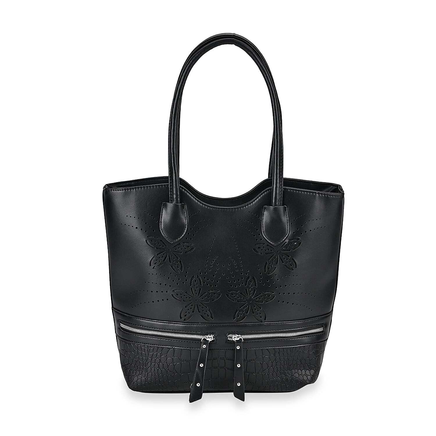 Leatherette Flower Pattern Tote Bag - Black