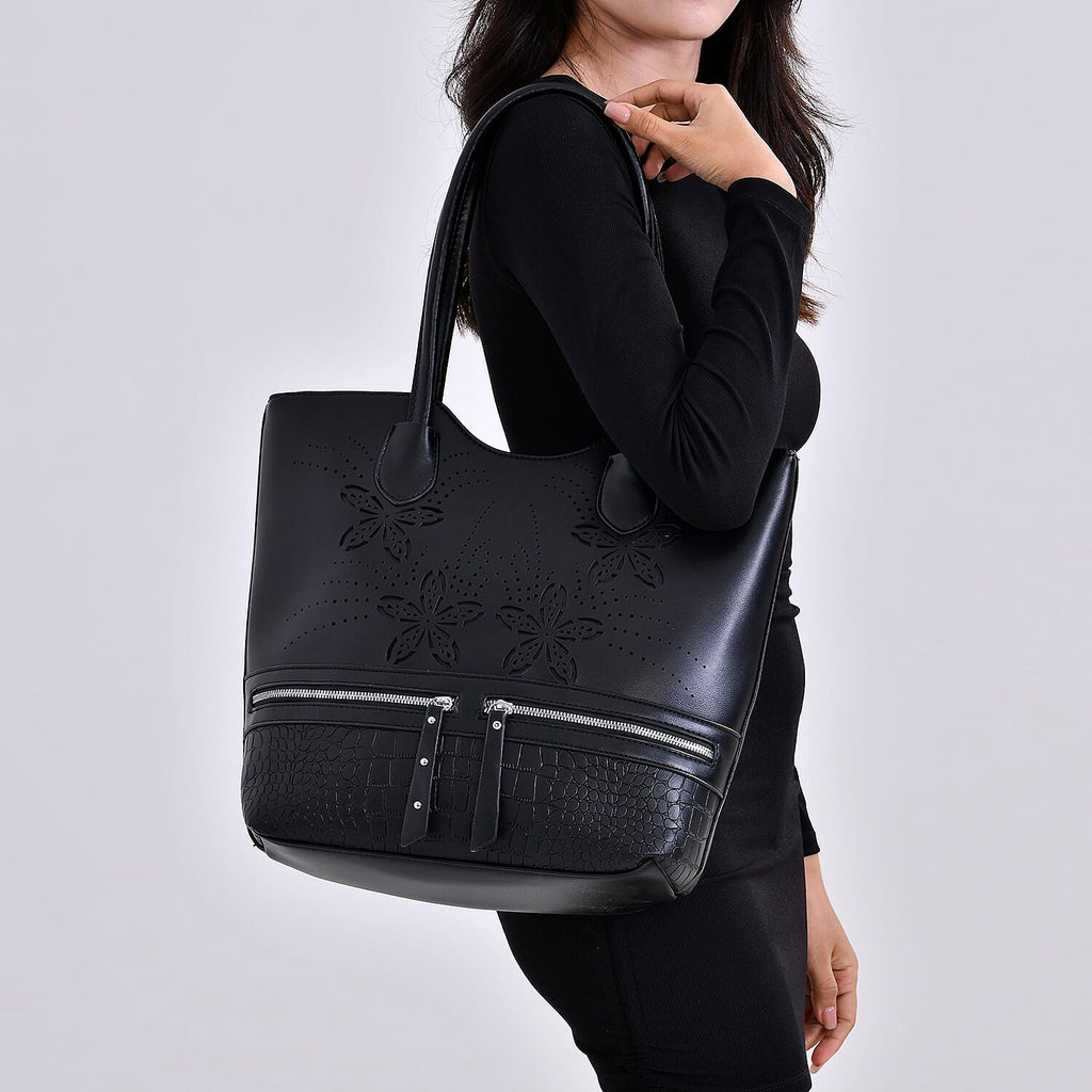 Leatherette Flower Pattern Tote Bag - Black
