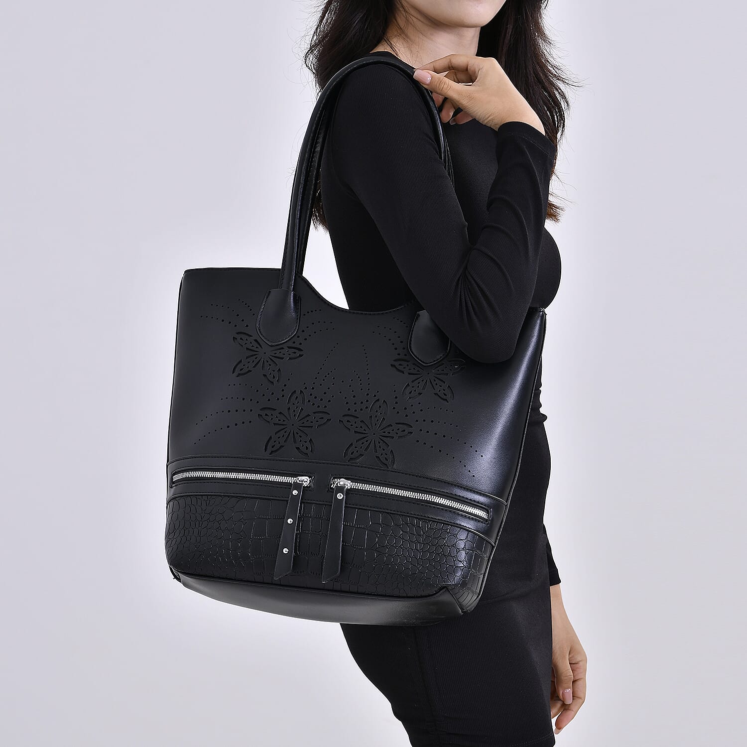 Leatherette Flower Pattern Tote Bag - Black