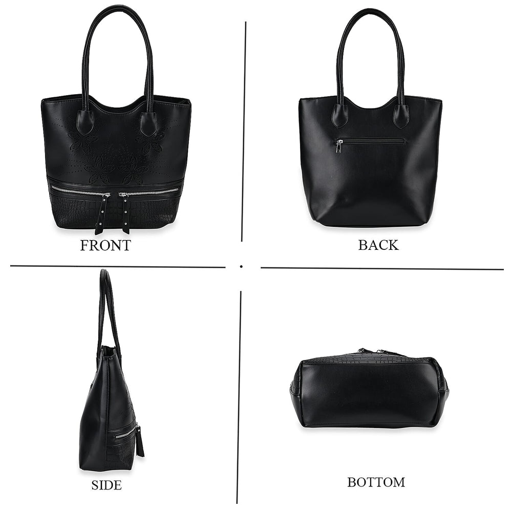 Leatherette Flower Pattern Tote Bag - Black