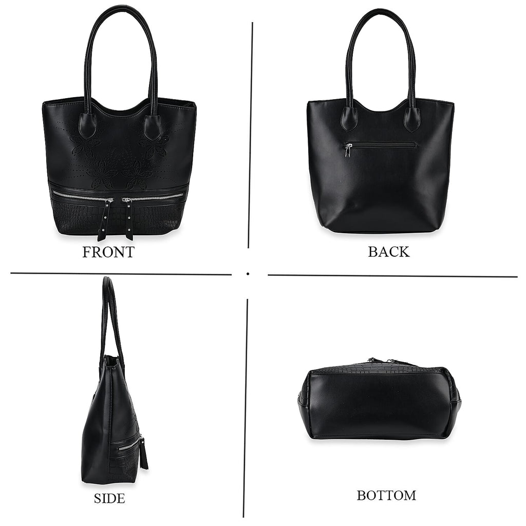 Leatherette Flower Pattern Tote Bag - Black