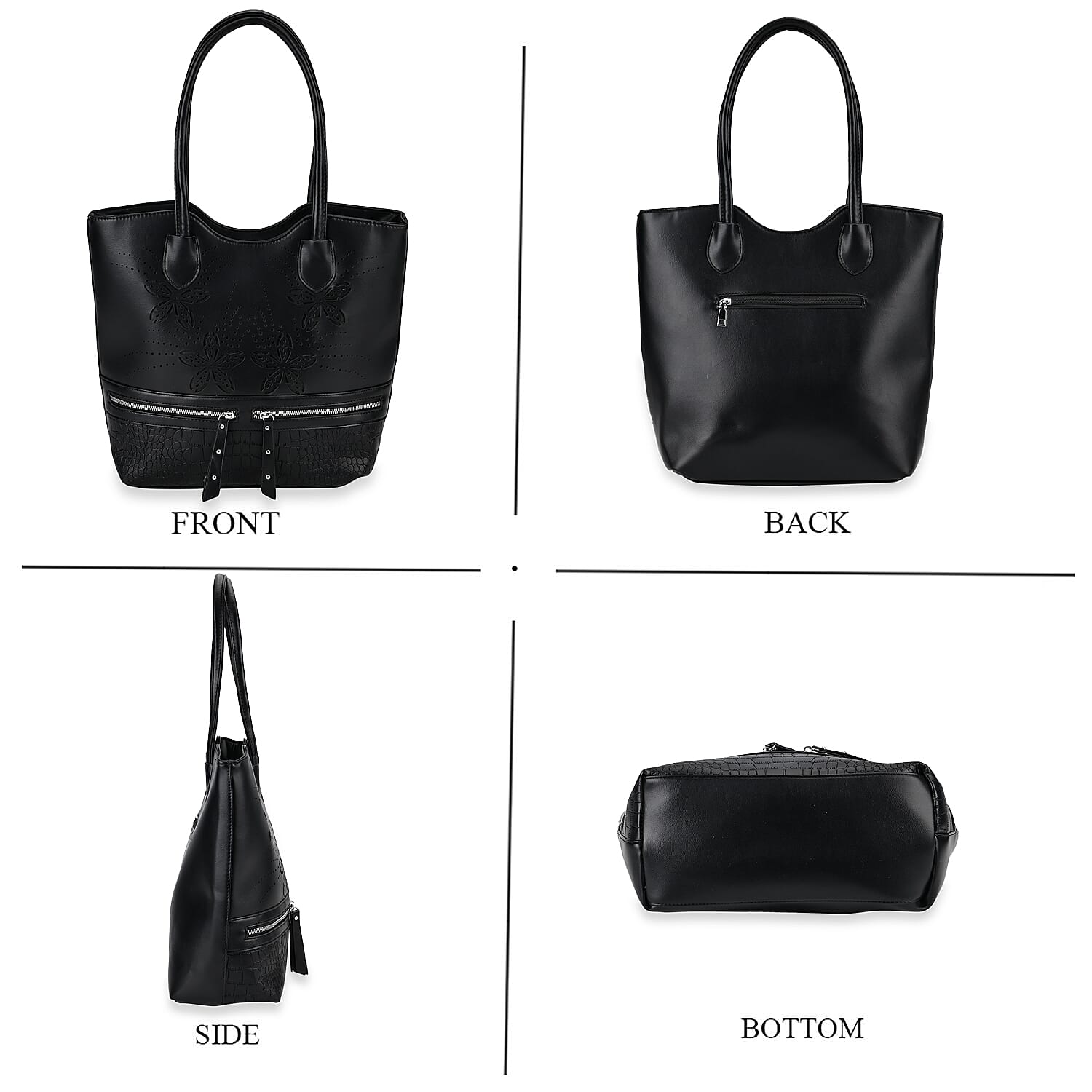 Leatherette Flower Pattern Tote Bag - Black