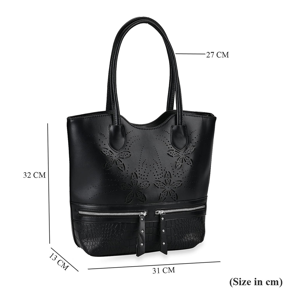 Leatherette Flower Pattern Tote Bag - Black