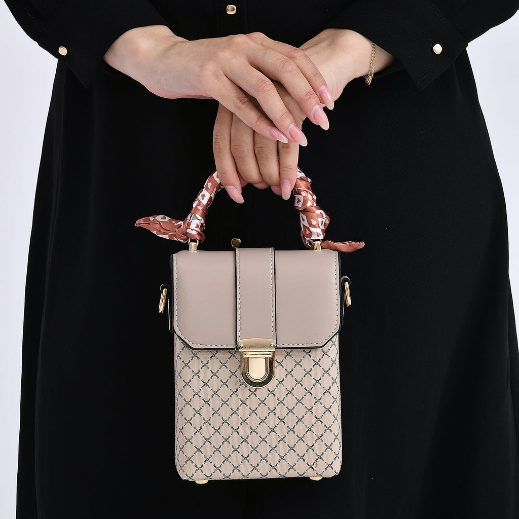 Trendy Messenger Bag with Lattice Pattern, Scarf Accent & Adjustable Strap - Khaki