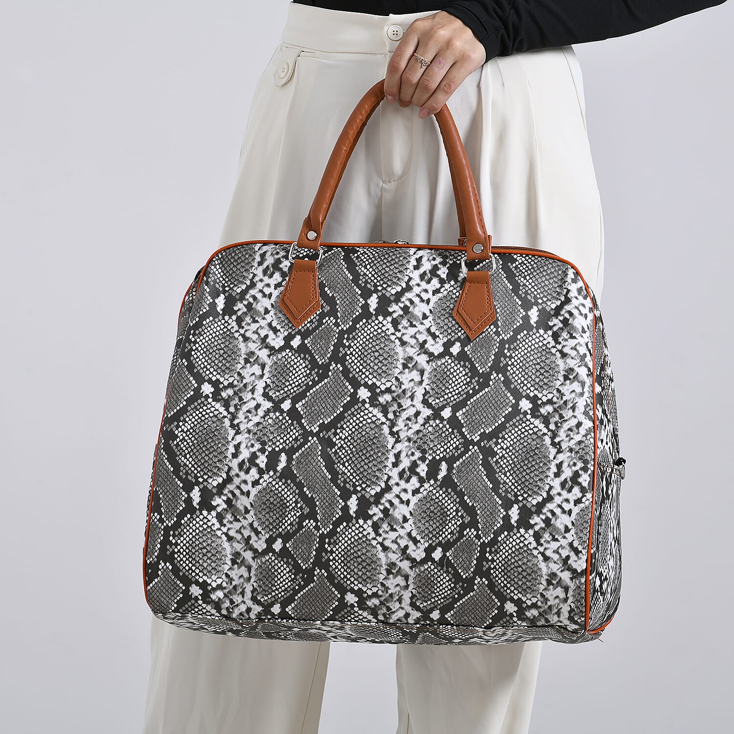 Snake Pattern Tote Bag with Handle Drop & Detachable Shoulder Strap - Grey