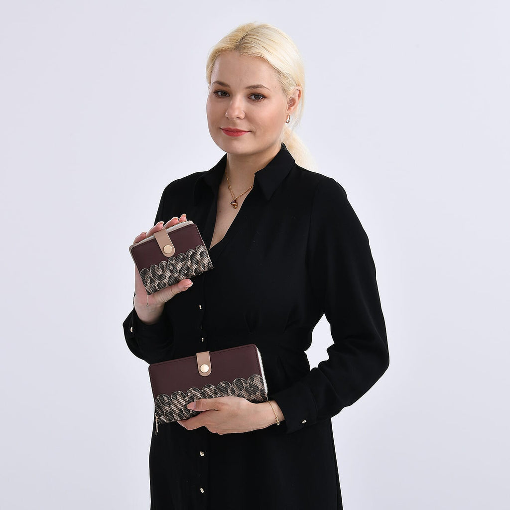 SET OF 2 - Leopard Print Clutch - Short Wallet - Brown