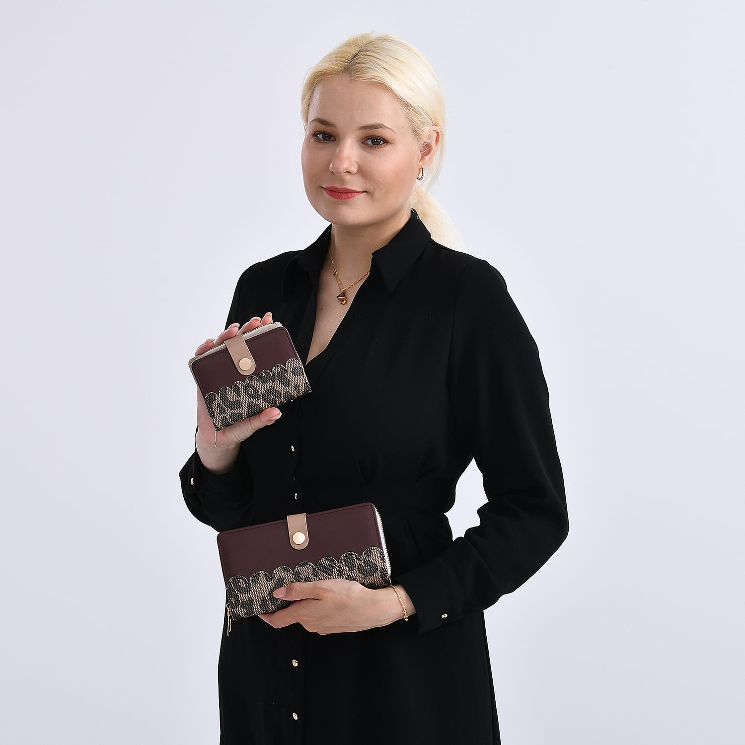 SET OF 2 - Leopard Print Clutch - Short Wallet - Brown