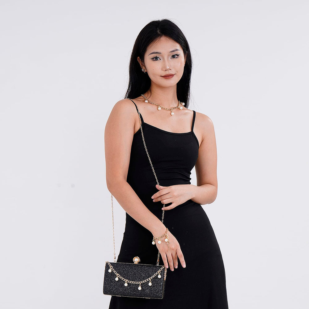 Leatherette Clutch Bag with Necklace & Bracelet (Size 22x12x4 cm) - Black