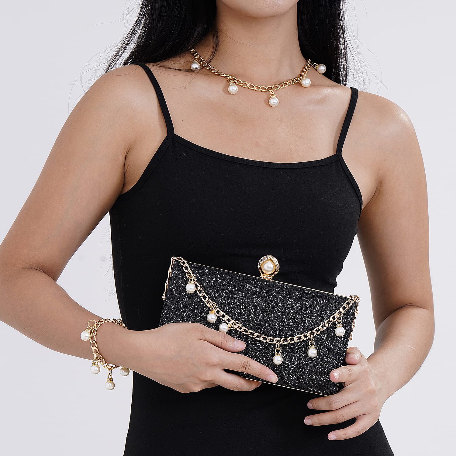 Leatherette Clutch Bag with Necklace & Bracelet (Size 22x12x4 cm) - Black