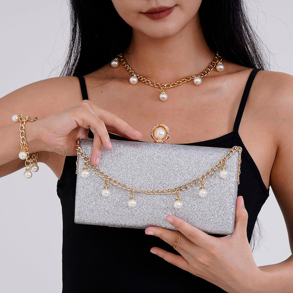 Sequin Clutch Bag with Necklace & Bracelet (Size 22x12x4 cm) - Silver