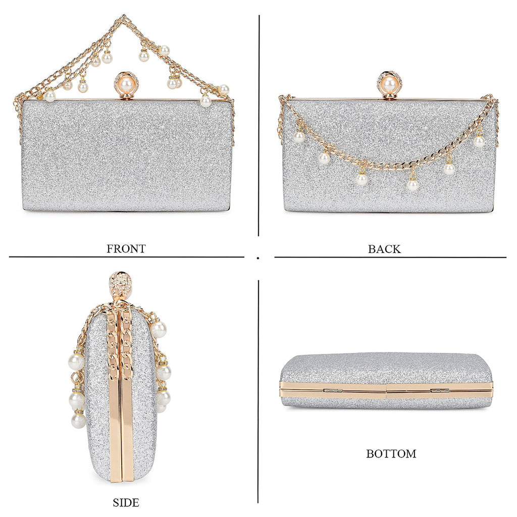 Sequin Clutch Bag with Necklace & Bracelet (Size 22x12x4 cm) - Silver