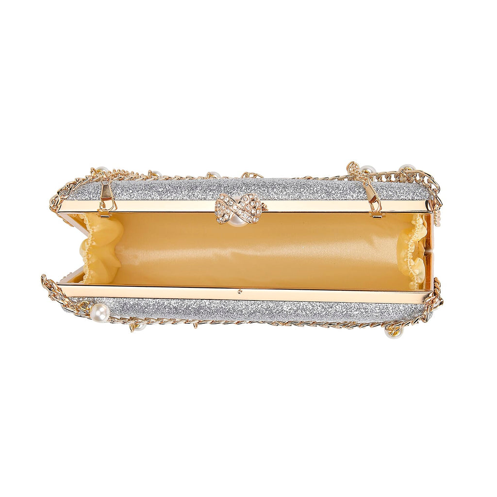 Sequin Clutch Bag with Necklace & Bracelet (Size 22x12x4 cm) - Silver
