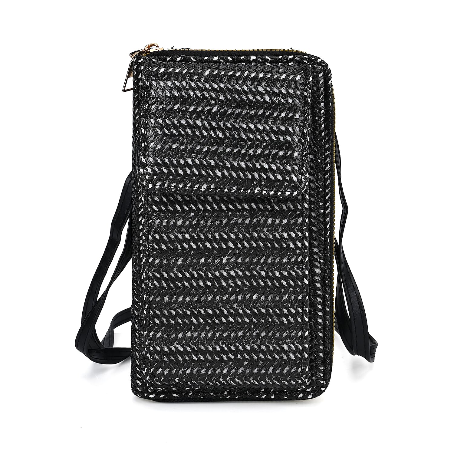 Leatherette Crossbody Cellphone Bag with Long Strap - Black