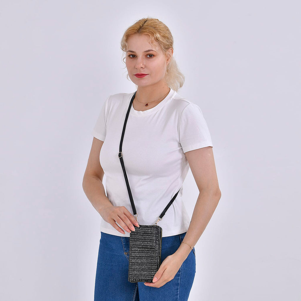 Leatherette Crossbody Cellphone Bag with Long Strap - Black