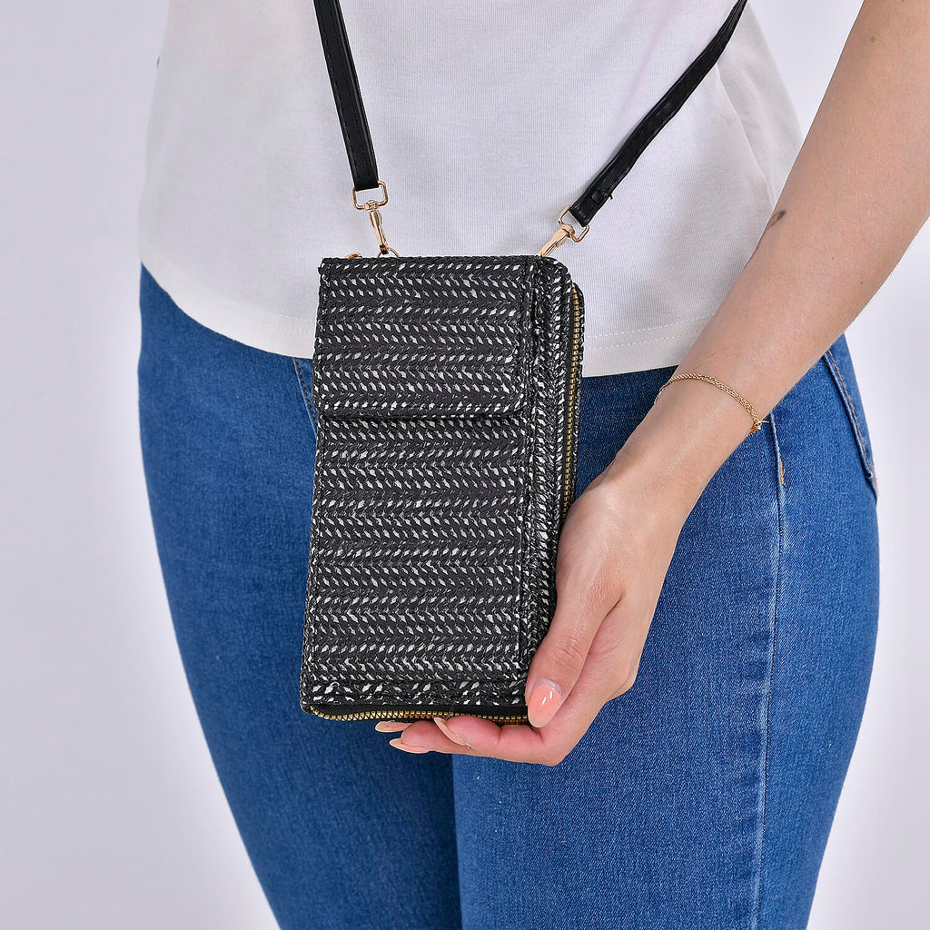 Leatherette Crossbody Cellphone Bag with Long Strap - Black